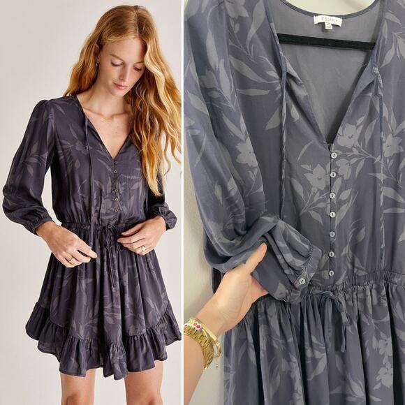 NWOT Z Supply Camila Mini Dress Tie Waist Flutter Ruffle‎ Dusty Gray Floral XL - Picture 1 of 11